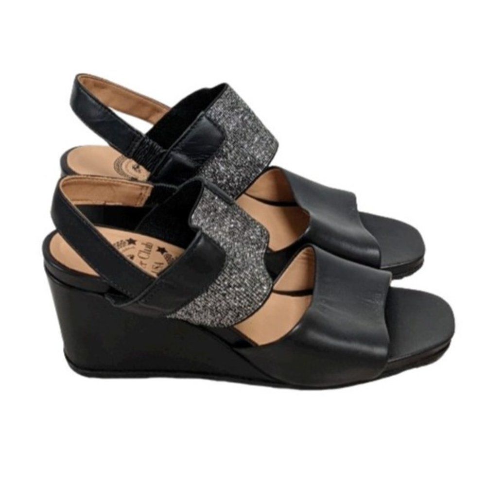 Driver Club Long Island Womens Size 6 Black Leather Wedge Heel Slingback Sandal